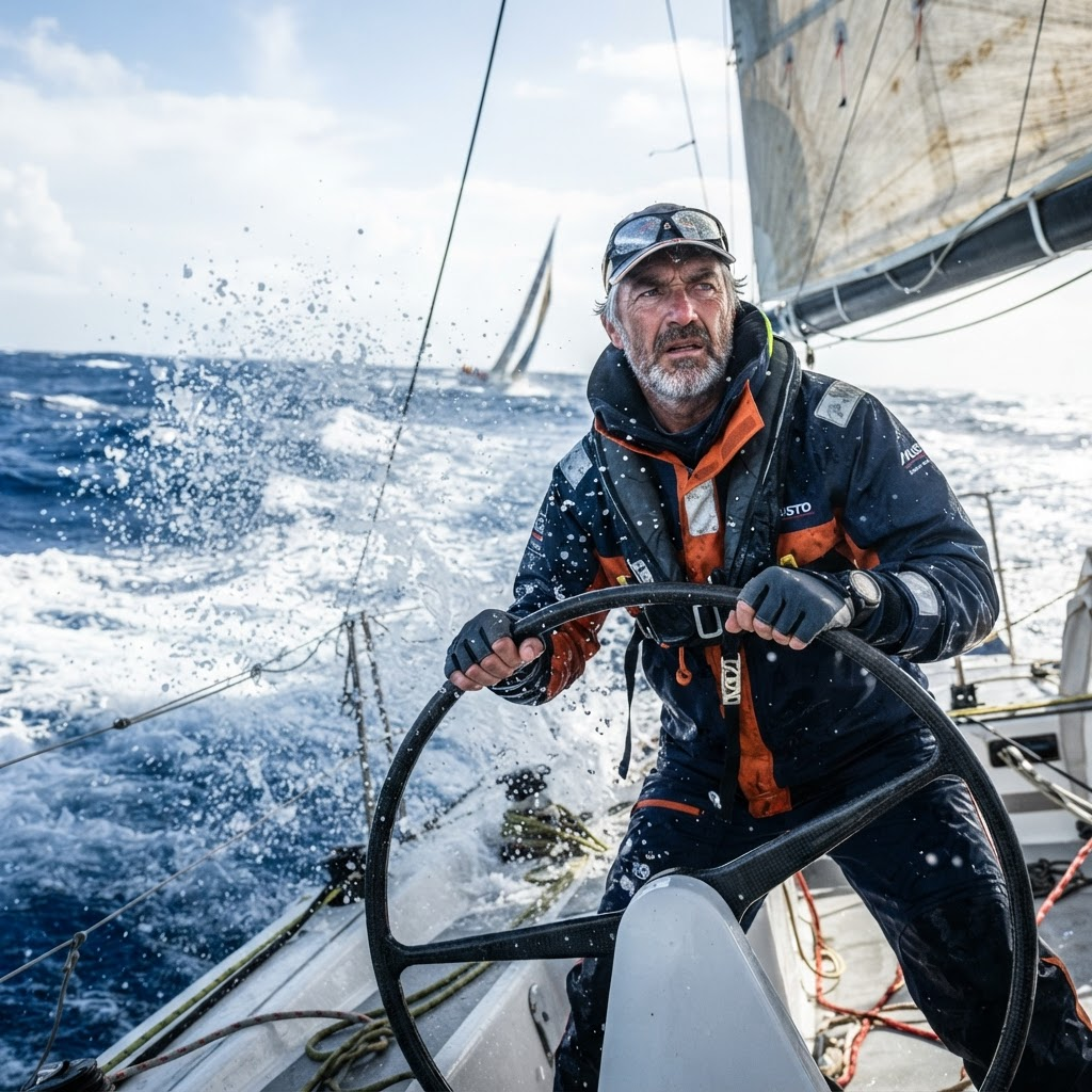 Sailor at the helm in racing conditions